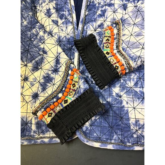 Chico's Indigo Moon Artisan Blue Tie Dye Quilted Open Jacket Embroidered Medium - Picture 4 of 13